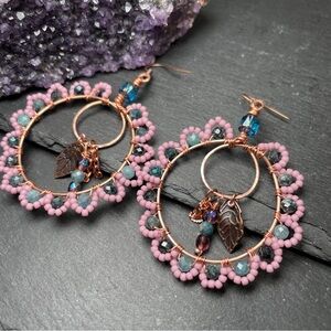 Midnight Garden Tourmaline Hoops – Dusty Rose Beaded Copper Artisan Earrings